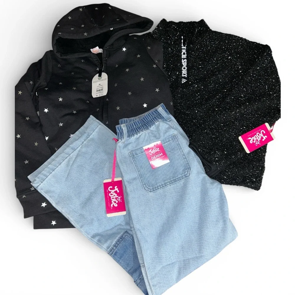 NWT Justice & Wonder nation 3 Pc Sweater Hoodie wide leg jeans bundle 12/14 L/XL